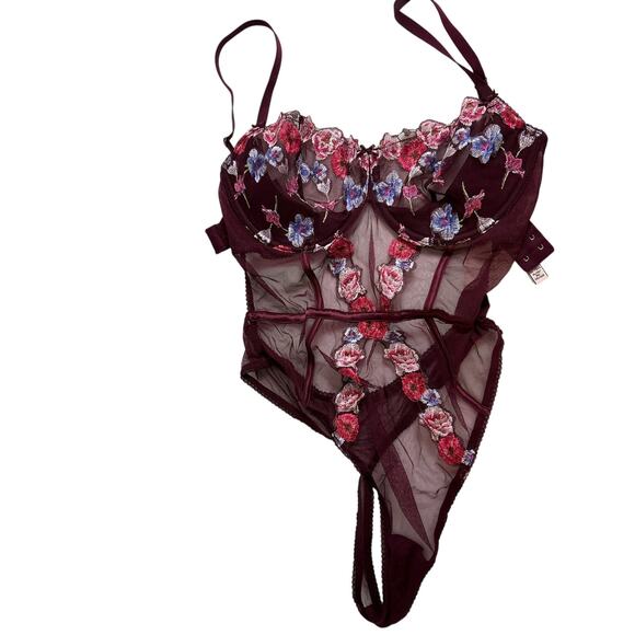Victoria’s Secret NWT Burgundy Embroidered Sheer Mesh Bodysuit • Size XL - Picture 2 of 5